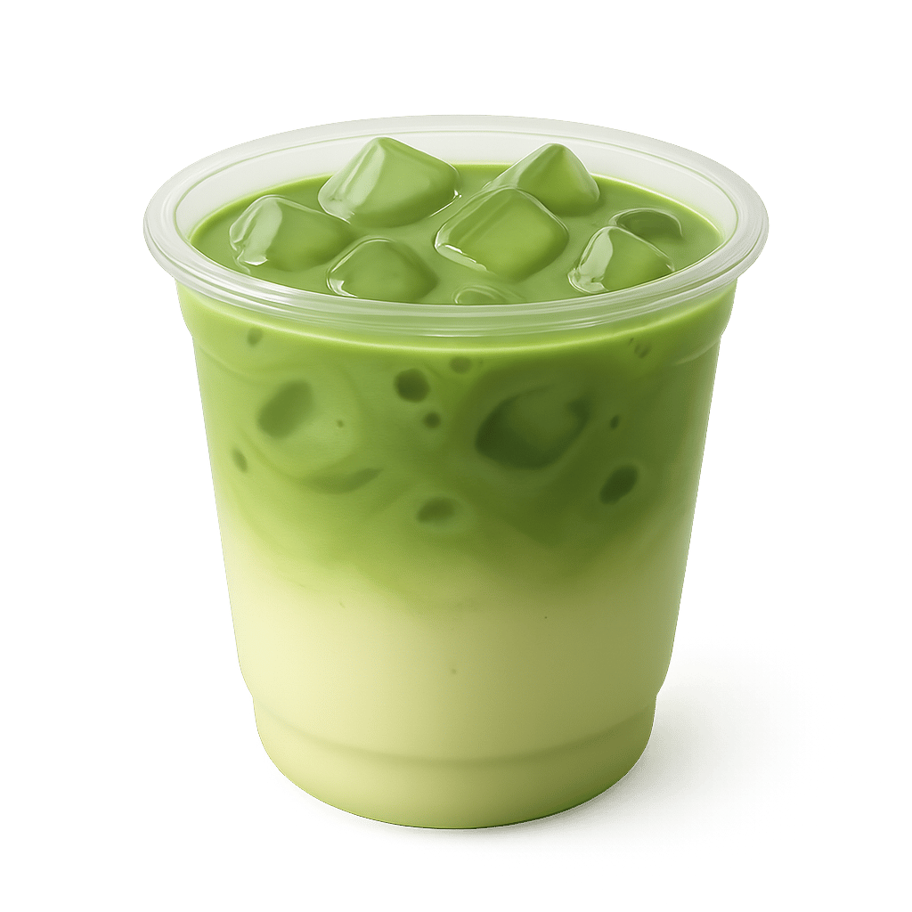 a cup of iced matcha latte with ice in a clear cup