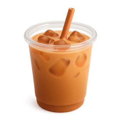 a cup of iced latte with ice in a clear cup